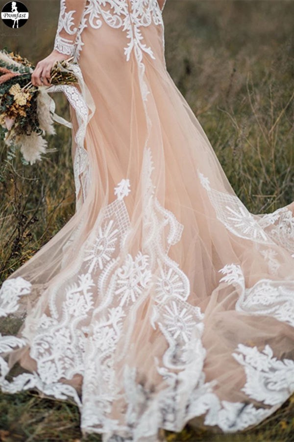 Promfast Boho Wedding Dress With Nude Underlay Tulle Lace Applique Wed