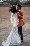 Promfast Backless Batwing Sleeve Boho Wedding Dresses Mermaid Rustic Wedding Dress PFW0525