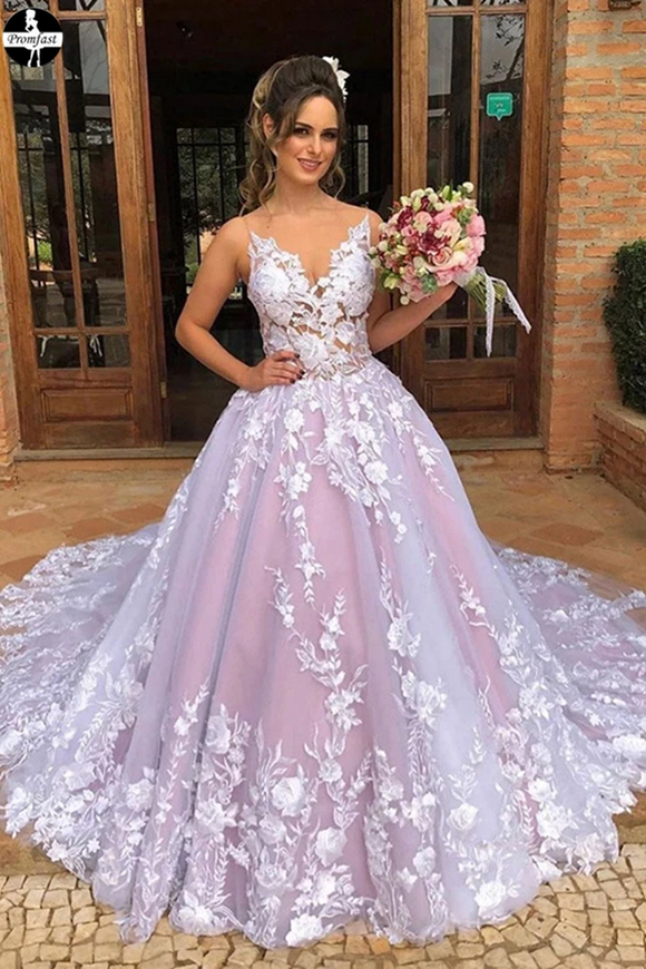 Promfast A-line Sleeveless V Neck Tulle Appliques Pink Long Prom Wedding Gown PFW0531
