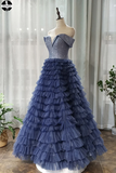 Promfast Off the Shoulder Navy Blue Tulle Ruffles A Line Long Prom Dress PFP1976