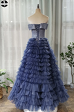 Promfast Off the Shoulder Navy Blue Tulle Ruffles A Line Long Prom Dress PFP1976