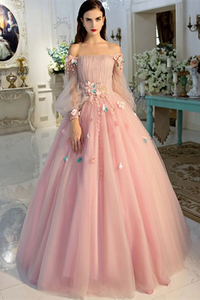Promfast Long Sleeve Prom Dresses Pearl Pink Ball Gown Long Floral Fairy Prom Dress PFP1977
