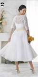 Promfast Chic Tea Length Wedding Dresses A-line Half Sleeve V neck Lace Wedding Dress PFM0017