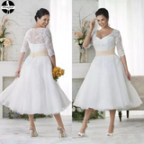 Promfast Chic Tea Length Wedding Dresses A-line Half Sleeve V neck Lace Wedding Dress PFM0017