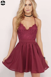 Promfast Burgundy Homecoming Dress Spaghetti Straps A-line Lace Short Prom Dress Party Dress PFH0323