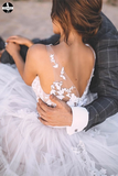 Promfast Unique Appliqued A-line Tulle Wedding Dresses With Chapel Train PFW0539