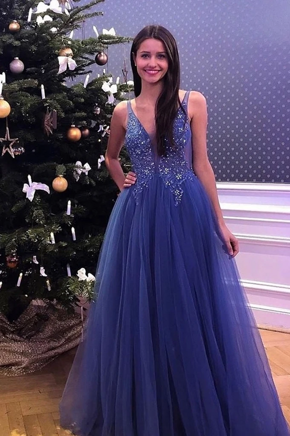 Promfast Flowy V neck Simple Lace Tulle Beading Long Blue A line Party Prom Dresses PFP1983