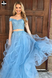 Promfast Sky Blue Tulle Two Piece Off the Shoulder Prom Dresses with Appliques PFP1989