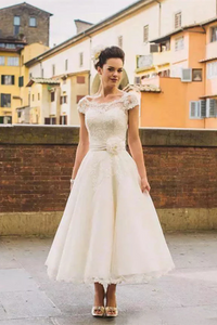 Promfast Chic Tea Length Wedding Dresses A line Scoop Lace Romantic Wedding Dress PFW0543
