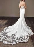 Promfast 2021 Cheap Mermaid Lace Satin Ivory Spaghetti Straps V Neck Wedding Dresses PFW0485