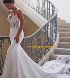 Promfast 2021 Cheap Mermaid Lace Satin Ivory Spaghetti Straps V Neck Wedding Dresses PFW0485