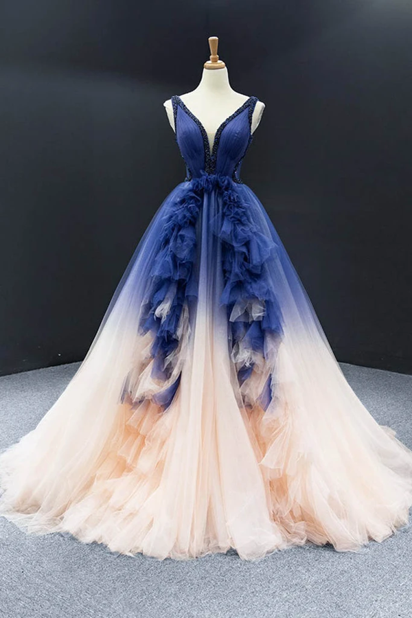 Promfast Ombre A Line Pleated Ruffles Beach Boho Prom Gown Beading Eve