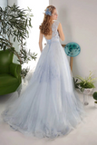 Promfast 3D Flowers A Line Blue Gray Tulle Long Formal Prom Evening Dress PFP1997