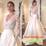 Elegant A-Line V-Neck Long Sleeves Off White Floor Length Prom/Wedding Dress With Lace Top PFP0409