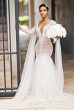 Promfast Sparkly Long Sleeves Wedding Dresses Romantic Beading Mermaid Bridal Gown Wedding Gown PFW0550