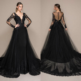 Promfast Black Evening Dresses, Deep V Neck Lace Appliqued Sweep Train Long Sleeve Prom Dress PFP2000