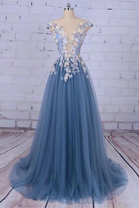 Promfast Chic A line Bateau Blue Applique Modest Long Prom Dress Evening Dress PFP2001