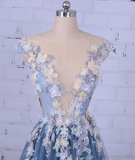 Promfast Chic A line Bateau Blue Applique Modest Long Prom Dress Evening Dress PFP2001