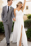 Promfast Front Split Spaghetti Straps Lace Chiffon Long Flowy Beach Wedding Dresses PFW0554