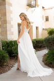 Promfast Front Split Spaghetti Straps Lace Chiffon Long Flowy Beach Wedding Dresses PFW0554