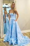 Promfast 3D Floral Applique Satin Sweetheart Sky Blue A line Long Prom Dresses PFP2003