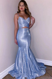 Promfast Mermaid Spaghetti Straps V Neck Blue Two Piece Mermaid Prom Dress PFP2005