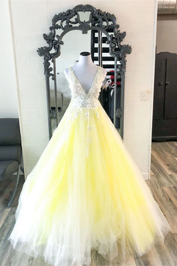 Promfast Yellow V Neck Tulle Lace Long Prom Dress Yellow Formal Dress PFP2008