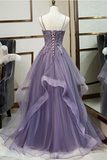 Promfast A line V neck Purple Tulle Spaghetti Straps Prom Dress With Lace Appliques PFP2010