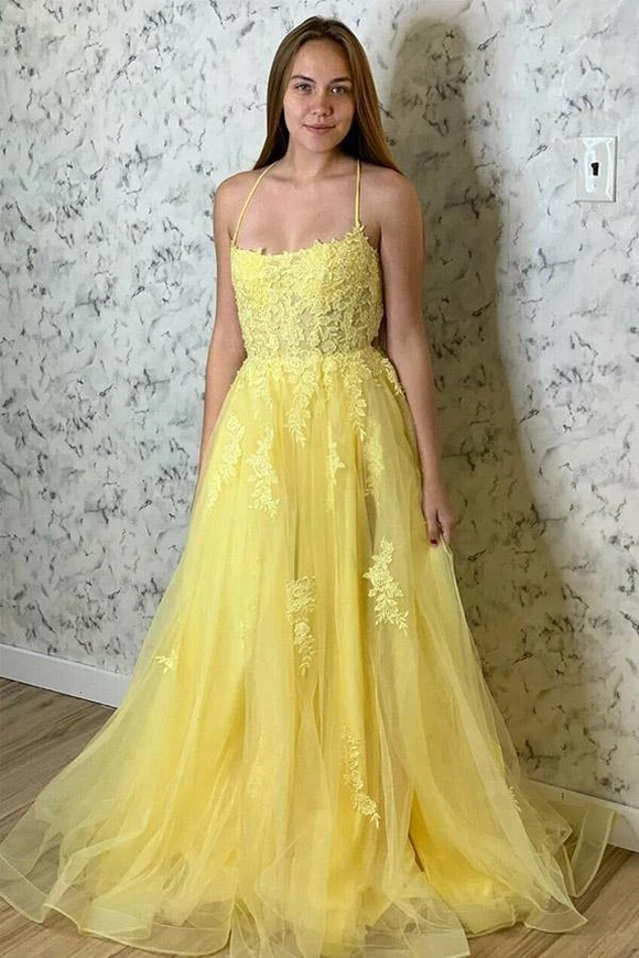 Promfast A Line Spaghetti Straps Yellow Split Long Prom Dress With Lace Appliques PFP2012