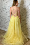 Promfast A Line Spaghetti Straps Yellow Split Long Prom Dress With Lace Appliques PFP2012