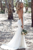 Promfast Sexy Spaghetti Straps Mermaid Lace Ivory Wedding Dresses V Neck Beach Wedding PFW0558