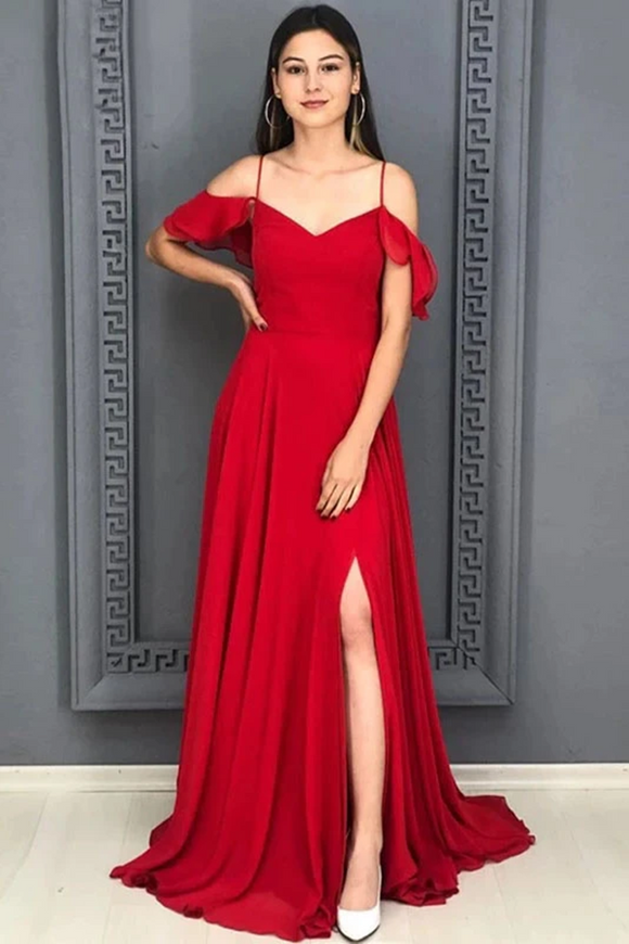 Promfast A Line Red Chiffon Prom Dresses Long Sexy Split Evening Party Gowns For Women PFP2022