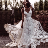 Promfast Sexy Beach Ivory Lace Wedding Dresses With Slit Backless Boho Bridal Dresses PFW0559
