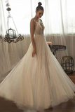 Promfast Beaded Tulle Skirt Spaghetti Straps Long Wedding Gown Beach A line Illusion Women Bridal Dress PFW0560