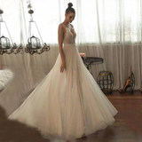 Promfast Beaded Tulle Skirt Spaghetti Straps Long Wedding Gown Beach A line Illusion Women Bridal Dress PFW0560