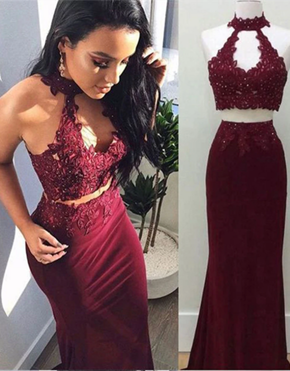 Promfast Two Pieces Burgundy Fitted Evening Long Dresses, Beautiful Evening Dress PFP2025