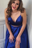 Promfast Cute Two Piece Floor Length Royal Blue Prom Dresses With Front Split PFP2027