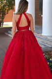 Promfast Delicate Halter Beaded Satin 2 Pieces A line Prom dresses With Appliques PFP2028