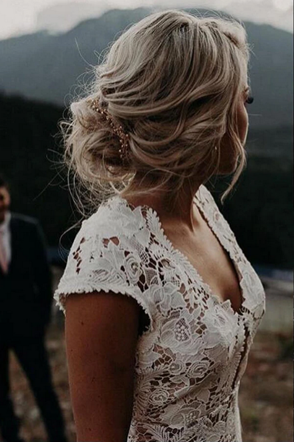 Promfast Ivory Lace Mermaid Cap Sleeves Long Wedding Dresses, Bridal D