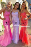 Promfast Tulle Mermaid Spaghetti Straps Backless Prom Dress With Lace Appliques PFP2029