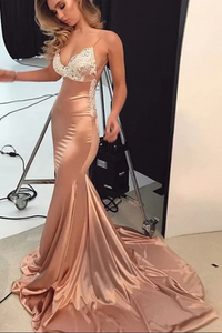 Promfast Sexy Mermaid Open Back Spaghetti Straps Prom Dresses With Train PFP2030