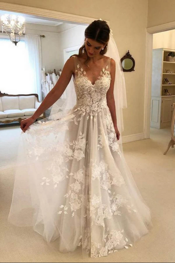 Promfast Fabulous Tulle A line V neck Floor Length Lace Wedding Dresses With Appliques PFW0568