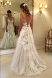Promfast Fabulous Tulle A line V neck Floor Length Lace Wedding Dresses With Appliques PFW0568
