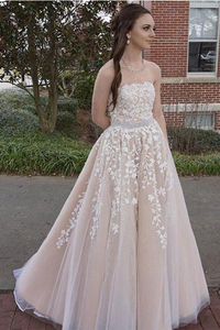 Promfast Princess A line Strapless Tulle Long Prom Dress with Lace Appliques Wedding Dress PFW0569