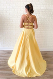 Promfast Yellow Sleeveless Split Long Prom Dresses, Sweep Train Evening Dress PFP2034
