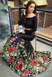 Promfast A Line Off the Shoulder Two Piece Long Sleeve Satin Floral Scoop Long Prom Dresses PFP2035