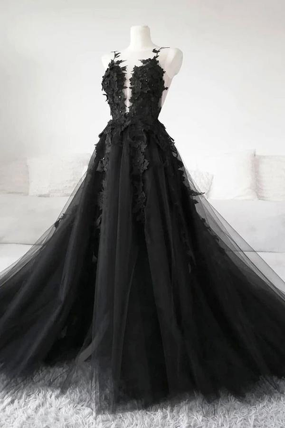 Promfast Black Lace Tulle Long Prom Gown Black Evening Dress PFP2038