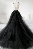 Promfast Black Lace Tulle Long Prom Gown Black Evening Dress PFP2038