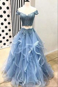 Promfast Blue Tulle Off Shoulder Two Piece Prom Dresses Lace Formal Dresses PFP2039
