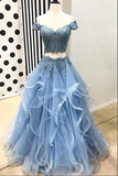 Promfast Blue Tulle Off Shoulder Two Piece Prom Dresses Lace Formal Dresses PFP2039